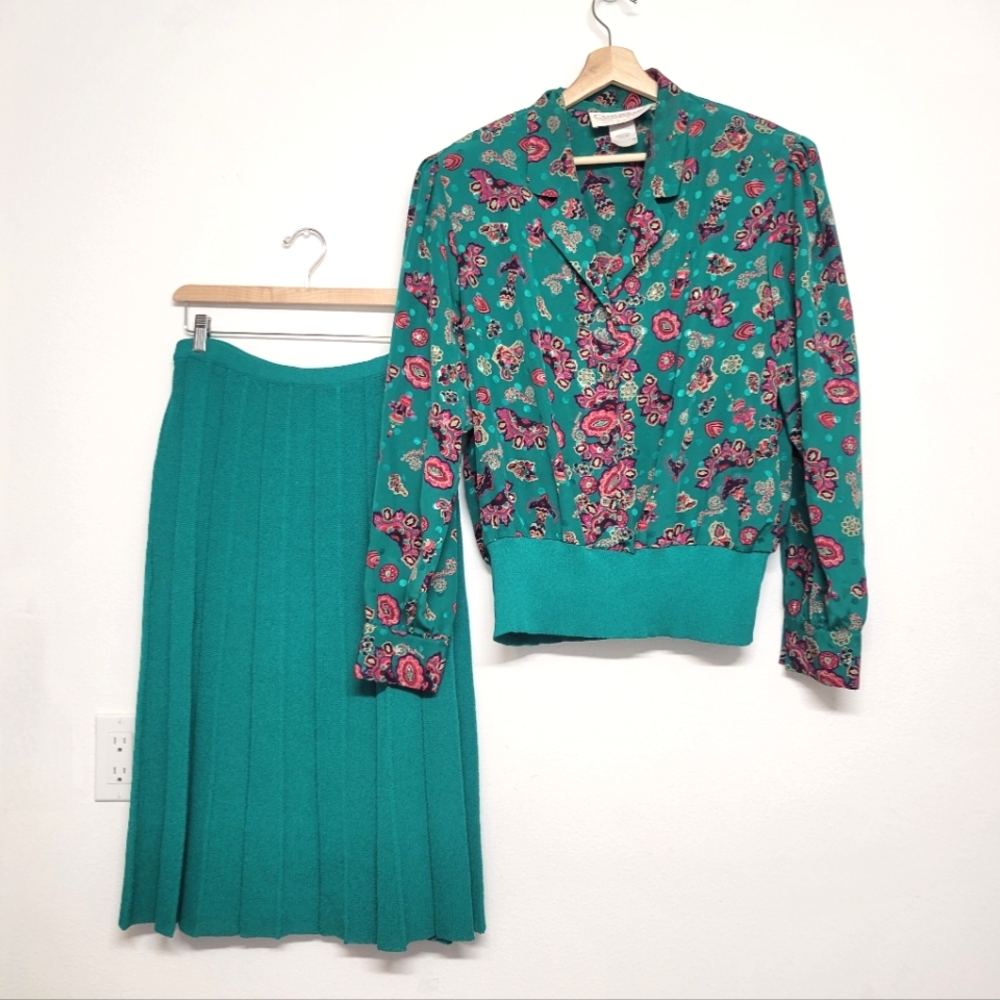 Castleberry Vintage 2 Pc Teal Paisley Polka Dot Skirt Set With Long Sleeve